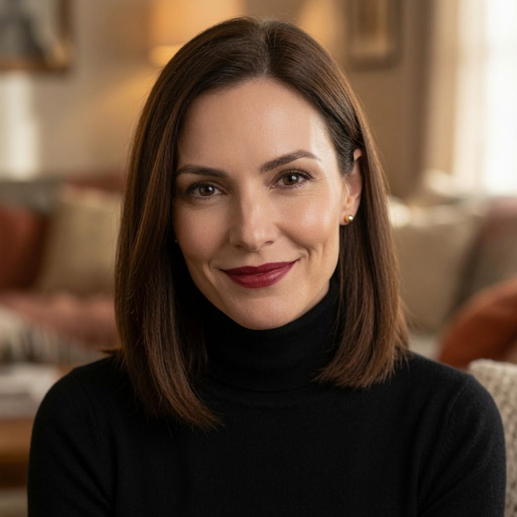Victoria sorrindo, confiante, em ambiente doméstico