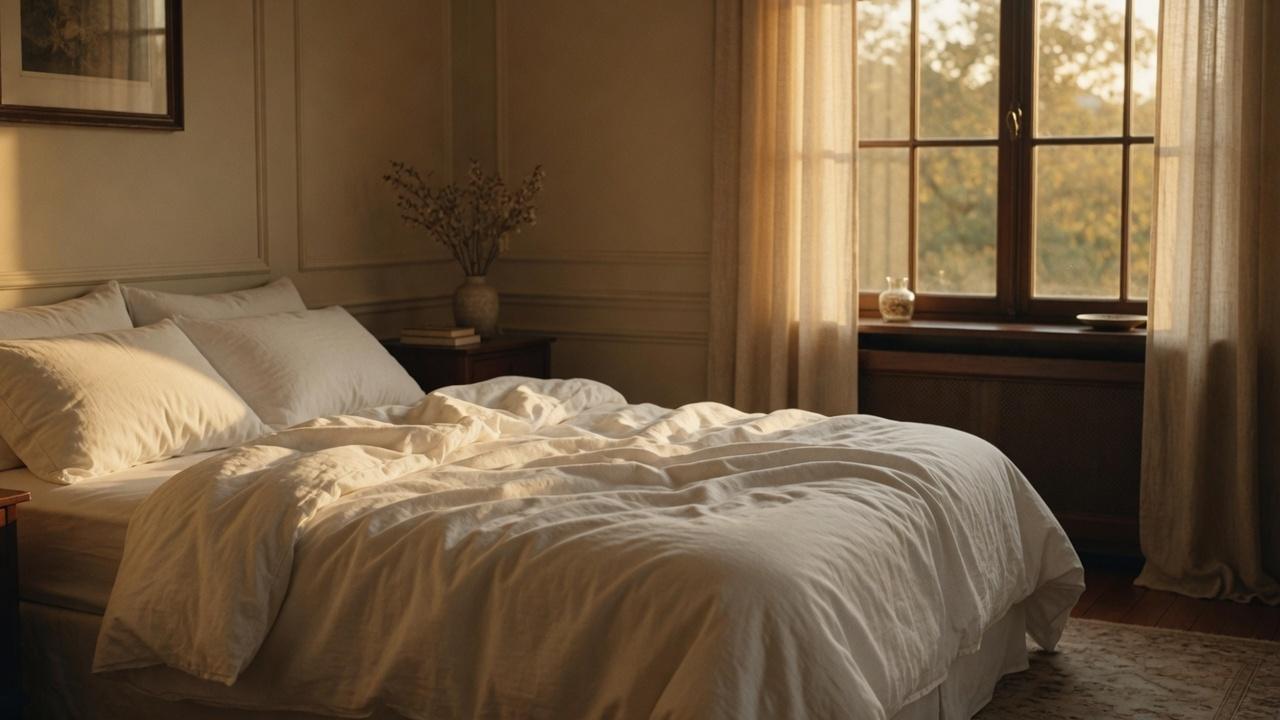 Quarto iluminado por luz da tarde, cama desfeita, ambiente doméstico tranquilo